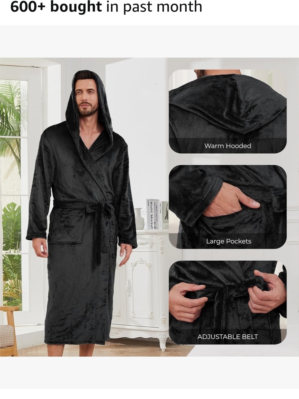 Men's Black Hooded Plush Robe with Pockets and Belt